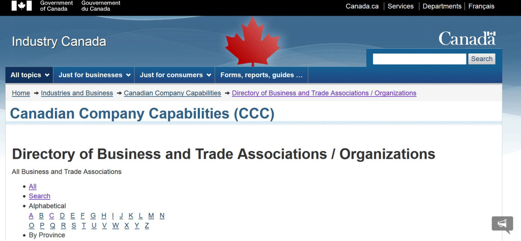 Screenshot of Industry Canada website landing page for Directory of Business and Trade Associations