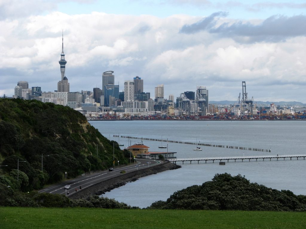 Auckland skyline in distance, across bay.