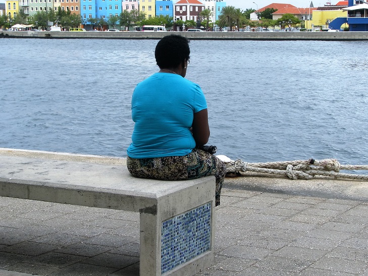 Woman in blue shirt in foreground; blue houses in background.