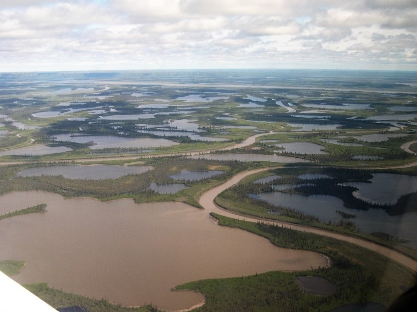 Intertwined rivers and ponds on Mackenzie Delta, seen from air