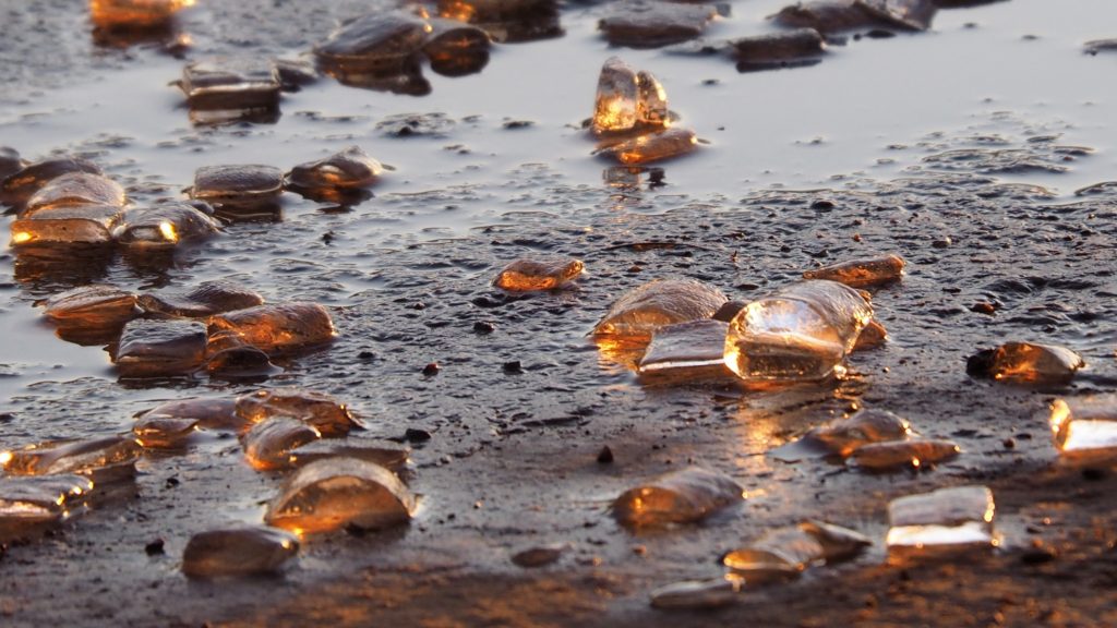 Ice cubes melting on ground and backlit by late-afternoon light.