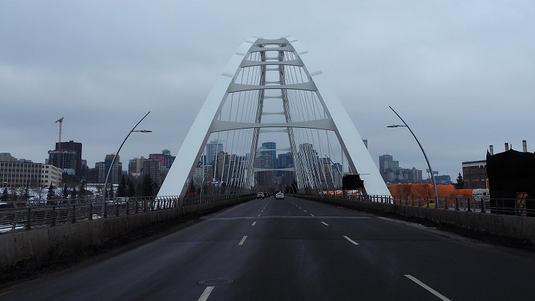 Straight-on view of Walterdale Bridge, with lanes of traffic.