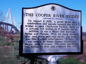 Plaque for original Cooper River Bridge with Arthur J. Ravenel Bridge in background