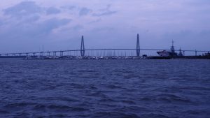 Middle-distance view of Arthur J. Ravenel Bridge and Yorktown aircraft carrier