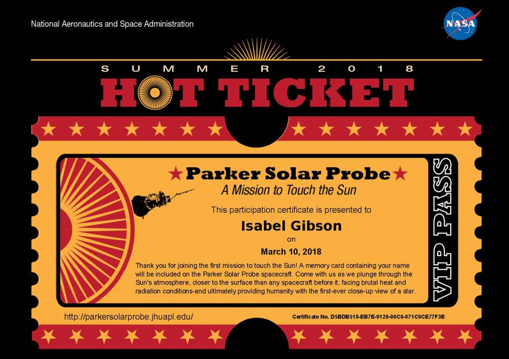 Official NASA ticket for Parker Solar Probe