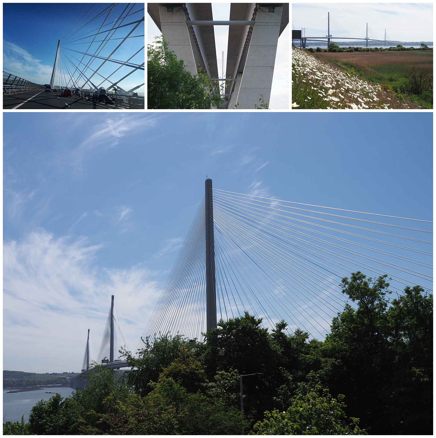 The new cable-stayed bridge for road traffic across the Firth of Forth: 4 views.