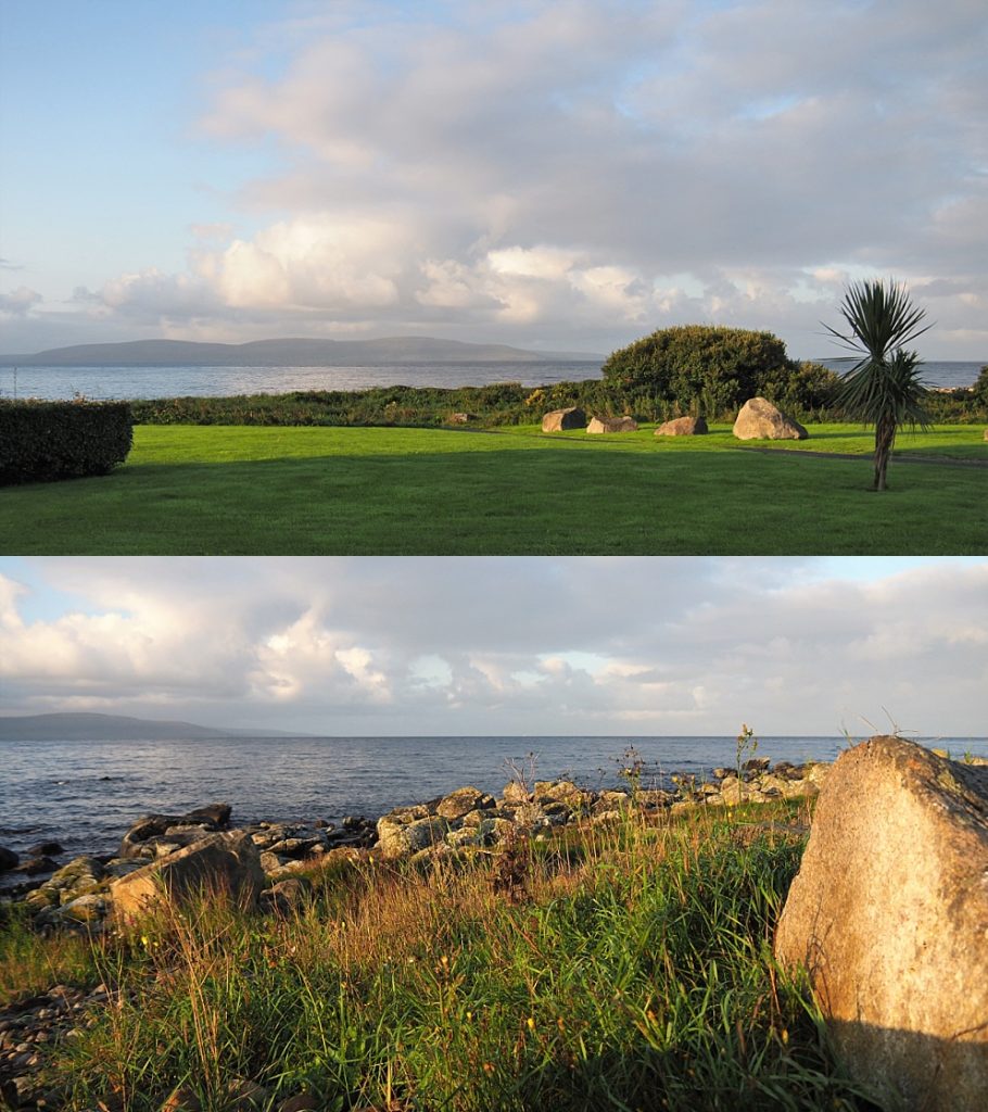 2-photo collage of sunrise on Galway Bay