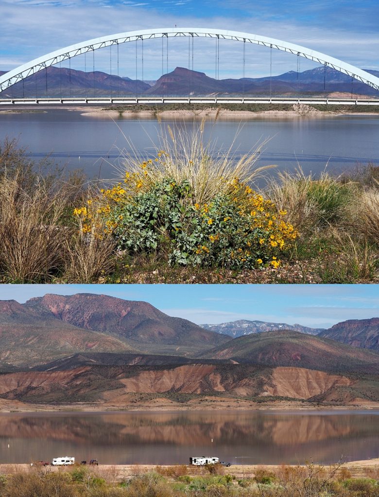 2-photo collage of Roosevelt Lake Bridge and the lake