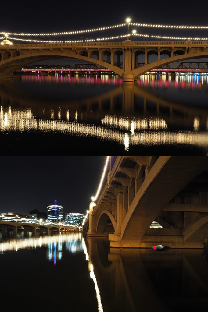 2-photo collage of Mill Avenue Bridges at night